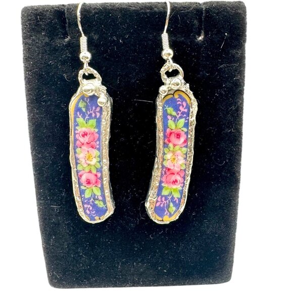 Broken China 925 Earrings From Rare Bavaria Tirschenreuth Franklin 4177 Plate - Picture 4 of 16